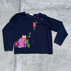 Arriviste Cardigan black Vintage Sweater Cat Appliques Beaded Size L